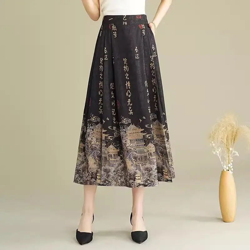 Oryginalna spódnica damska w stylu chińskim 2024 Summer New Retro High Waist Printed Pleated Horse Face Skirt Mujer Faldas K1329