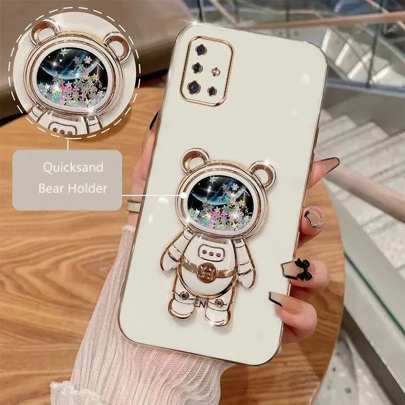 Phone Case For Samsung Galaxy A51 4G 51 Soft Silicone Luxury Plating Cartoon Bear Fold Stand Phone Case Cover