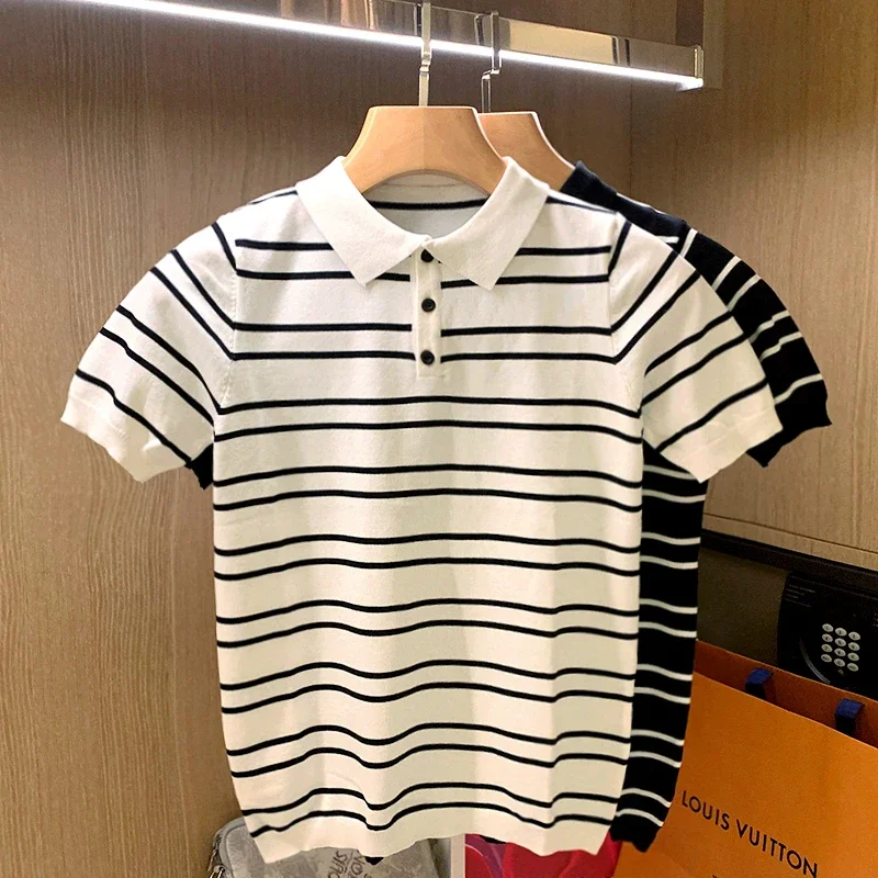 

Mens Sexy Mesh Transparent Polo Shirts Summer Short Sleeve See Through Knit Tee Shirt Fashion Casual Stripe Shirts Tops W02