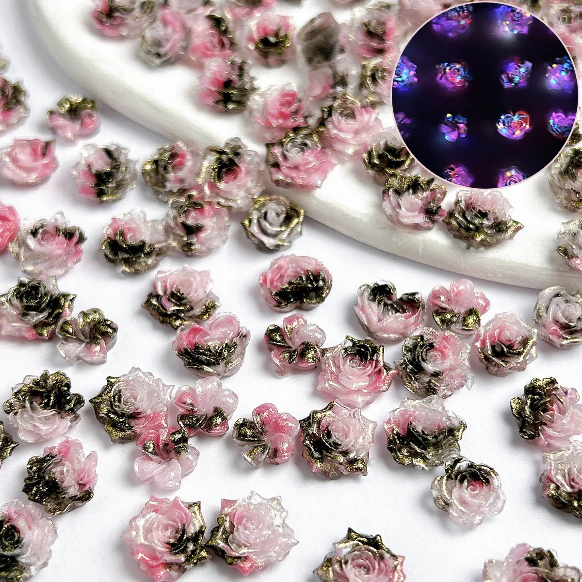 

Random Mix Black Pink Splicing Resin Soft Flower Nail Charms Fine Glitter Luminous Rose Nail Art Decorations DIY Crafts Parts