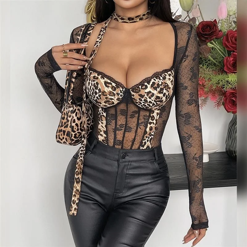

Sexy Long Sve Leopard Print Suit Women's Translucent Wild American Hot Girl LinJ Spicy Sle Low Waist Pants