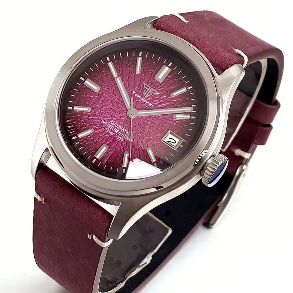 

Ретро-часы Tandorio 38 мм с сапфировым стеклом, водонепроницаемостью 10 бар, с фиолетовым/зеленым/оранжевым/черным/синим циферблатом, светящимися элементами, японским автоматическим механизмом NH35, мужские, кожаный ремешок