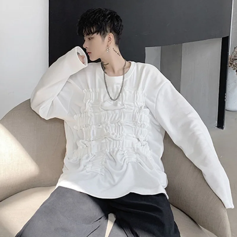 PFNW Men\'s Sweatshirt 2024 Elastic Pleated Design Autumn New Trendy Niche Long Sleeve Male Tops Solid Color Personality 9C5165