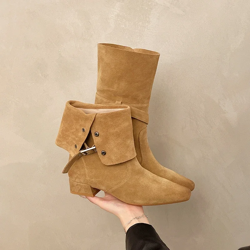 

2025 New Women's Shoes Autumn Slip-on Half Boots Fashion Large Size Versatile Pointed Toe Solid Square Heel Women's Boots