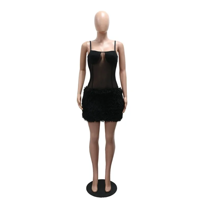 Leosoxs 2025 ฤดูใบไม้ร่วงสตรี SHEER ตาข่ายสีดําเซ็กซี่ปรับสายคล้องขนสัตว์ปลอม Trim Bodycon มินิเดรส Midnight PARTY Clubwear