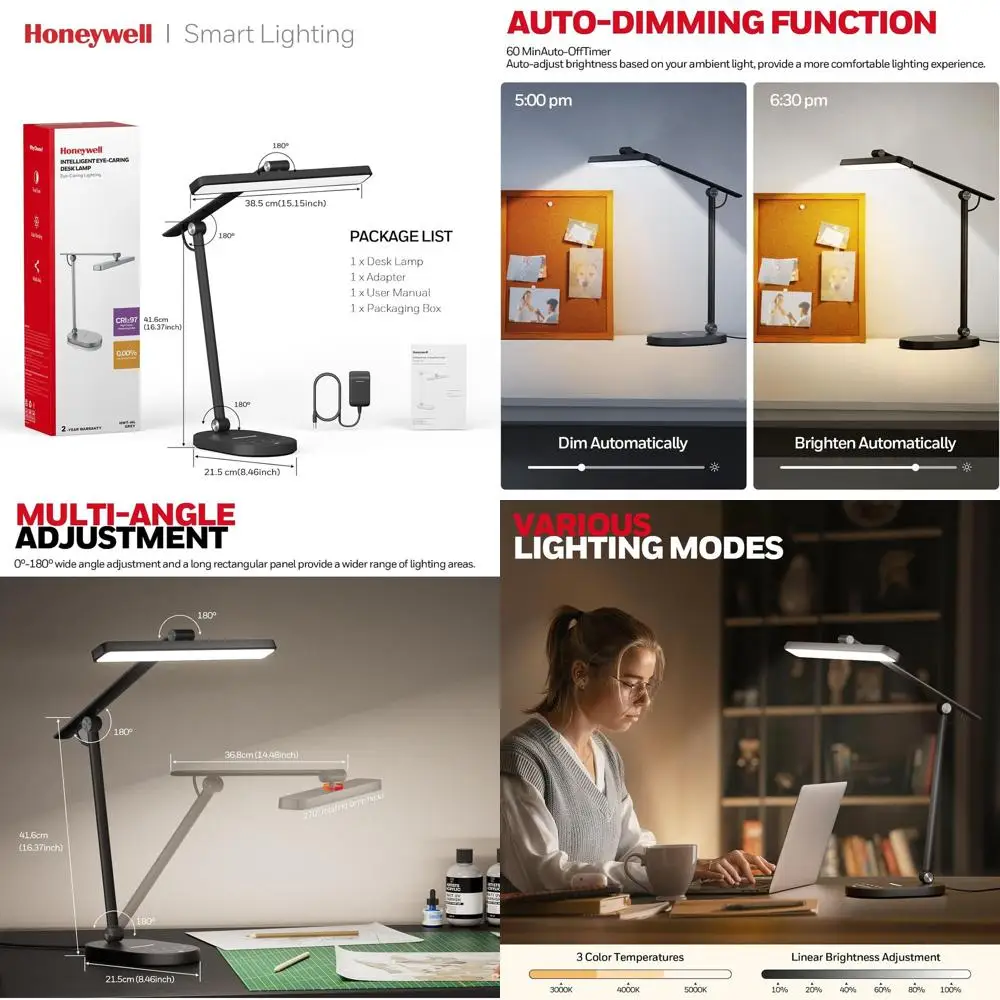 

Honeywell Desk Lamp for Home Office, H4 Sunturalux™ Eye-Caring LED Desk Light, 700LM Dimmable Desk Lamp with Timer, Adjustable D