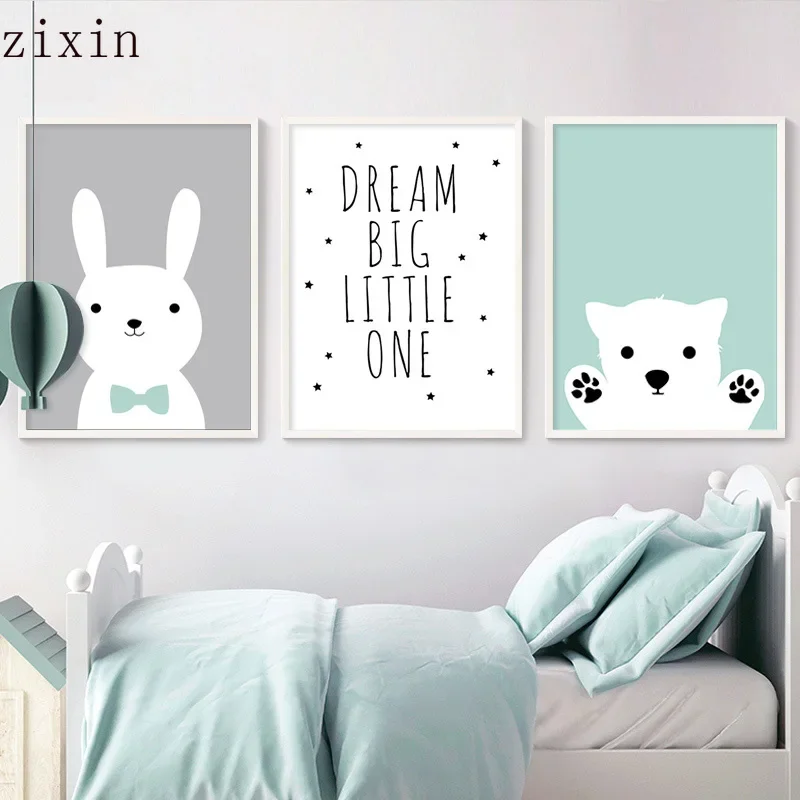 

Cartoon Rabbit Bear Nursery Wall Art Canvas Painting Baby Boy Room Decor Minimalist Dream Big Poster Print Nordic Kids Picture