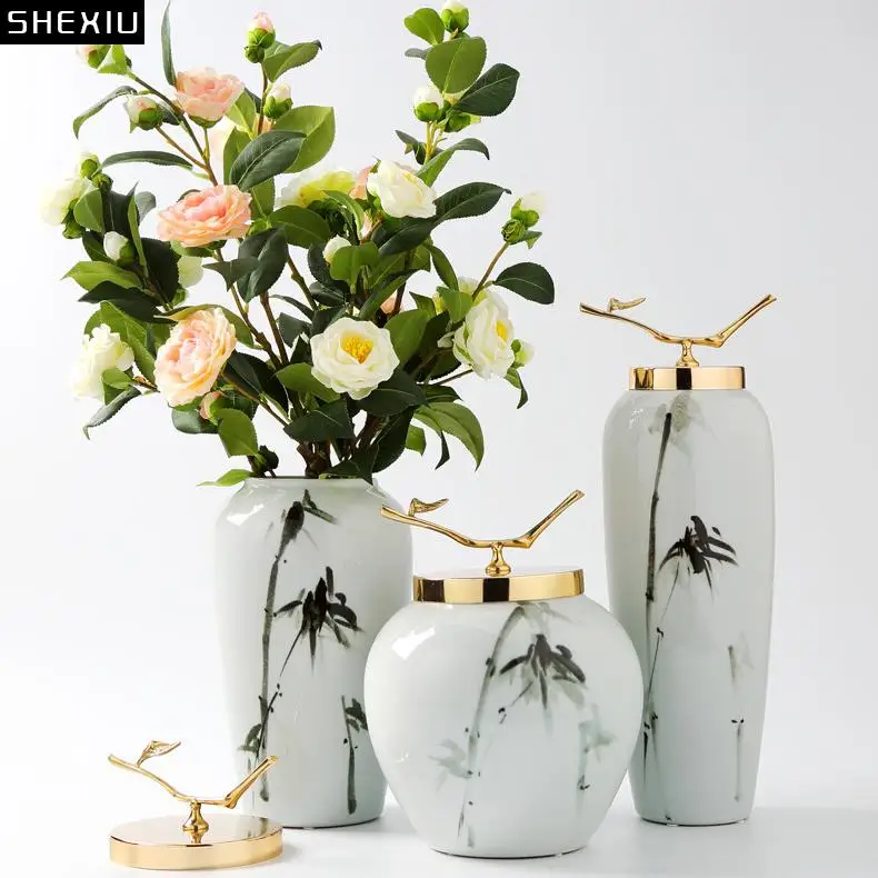 

Ink Painting Ceramic Vase with Lid Metal Living Room Entrance Desk Decoration Modern Storage Jar Flower Arrangement Flower Vases