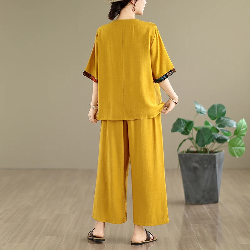 

Summer New Loose Cotton Linen Splicing Print T-irt plus Elastic Waist Wide Leg Pants Two-Piece Set Women Faion Outfit
