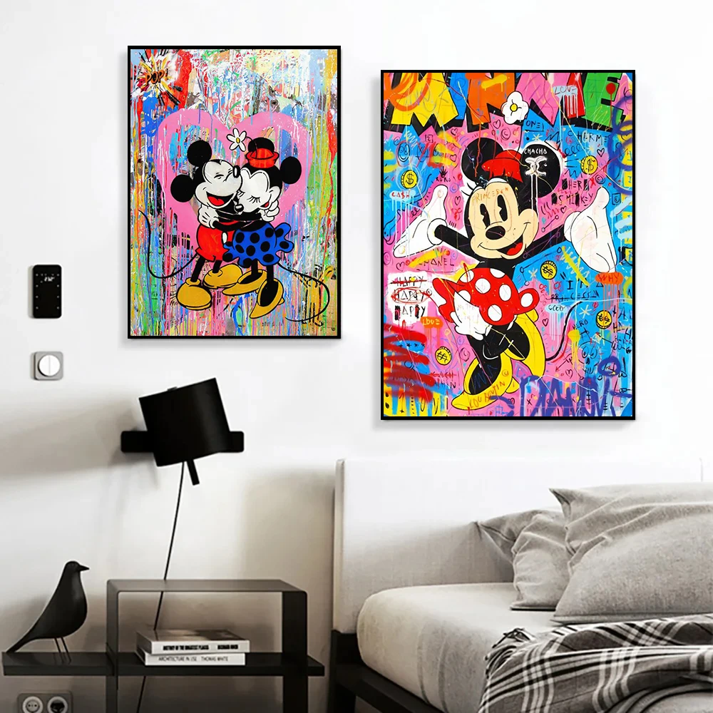 الكلاسيكية أنيمي ديزني الكتابة على الجدران ميكي ماوس الكرتون الجدار ملصق فني يطبع غرفة المنزل الحديثة ديكور قماش اللوحة الجداريات ، الإطار