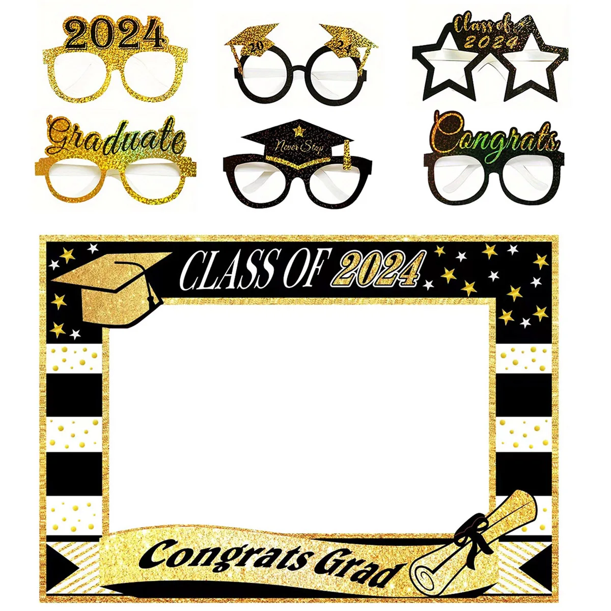 1pcs Paper Photo Booth Props Frame 6pcs Paper Glasses Class of 2024 Graduation Season Party Decorations Grad Favors Supplies