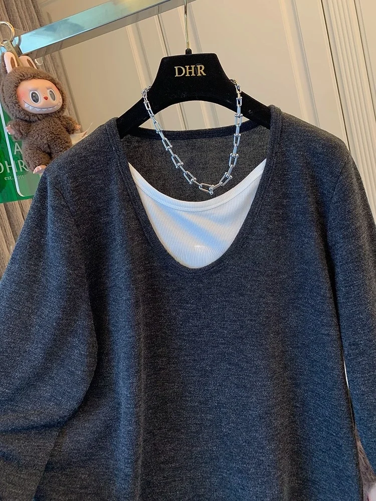 Extra große Größe 300-Pou-Farbe Blo Long Sve T-Shirt Damen Loose Fit Casual Sle Herbst New Faion Single Piece Top