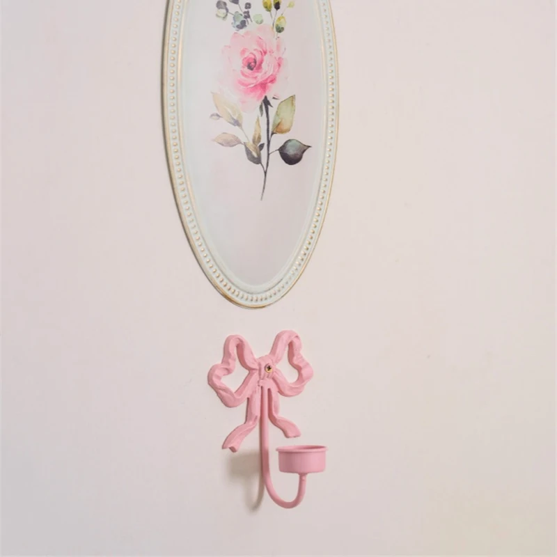 Pink Bow Wall Candlestick French Vintage Wrought Iron Candle Holder White Wall Decorations Home Restaurant Wall Decor
