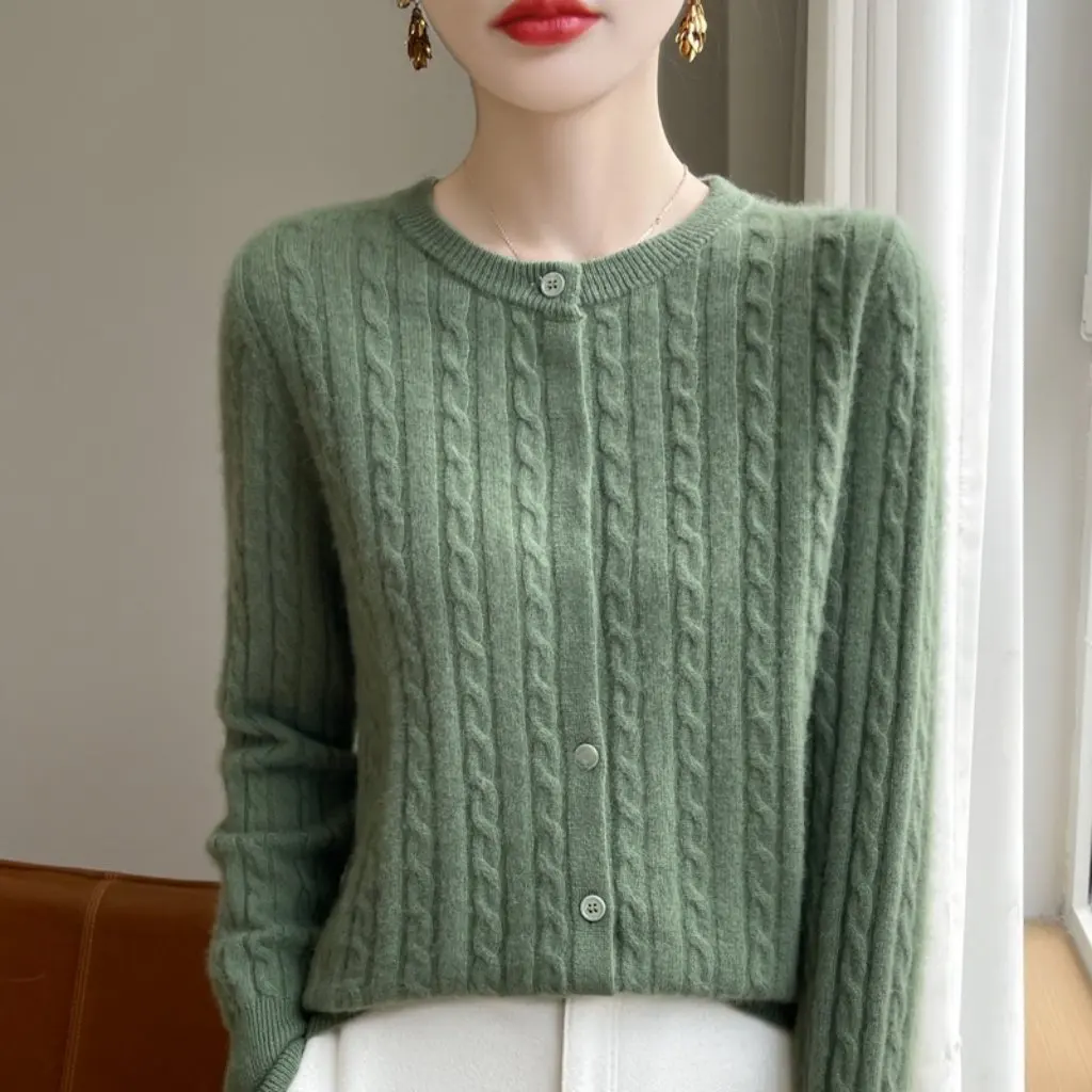 

Women's Spring Autumn Crewneck Sweater Single-Breasted Twist Cardigan Solid Color Western Style New Arrivals