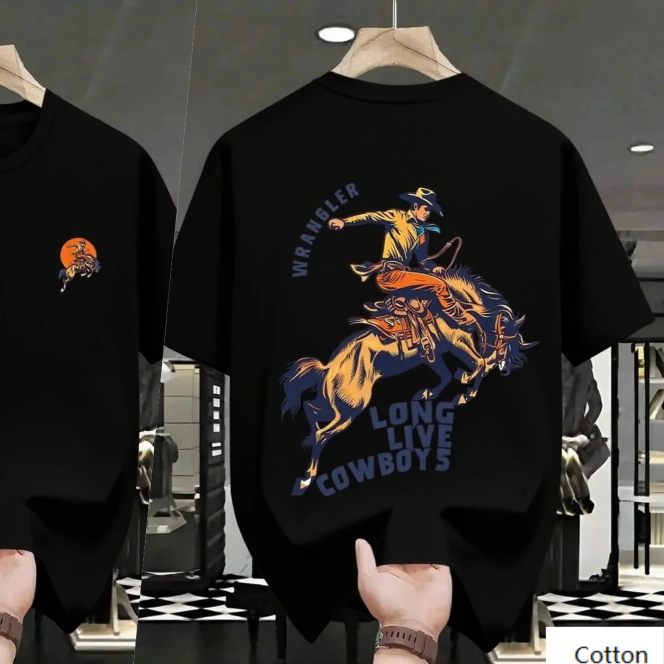 

Mens Cotton Tee Featuring Cowboy Print Trendy Printed Brand Pure Cotton T-shirt Short Sleeve Unisex Round Neck Versatile S-4XL