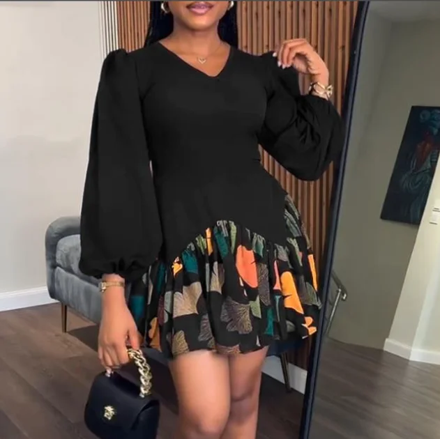 

Dresses Women Temperament New Fashion Multi-Color Leaves Print Patchwork V-Neck Puff Sleeve Elegant Peplum Hem A Line Dress