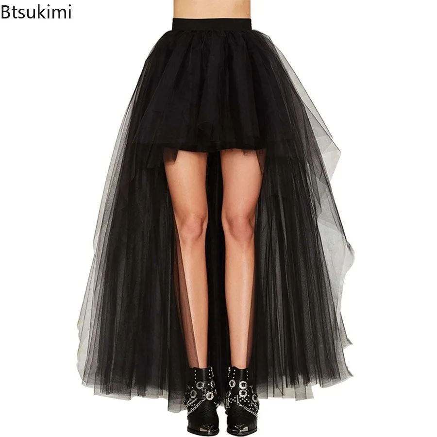 

2025 Women's Elastic Waist Tulle Skirt High Low Sexy Mesh Skirt Wedding Banquet Festival Party Skirt Cosplay Half Slip Petticoat