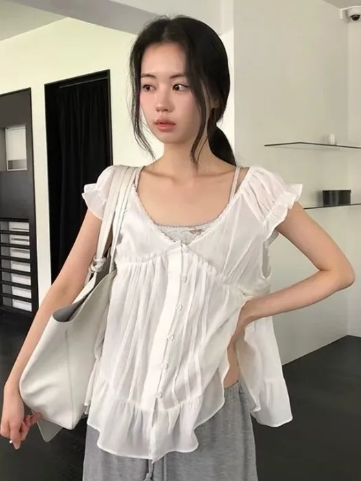 

Korean Style Sweet V-neck Single Button Top Women's Summer New Style Shirt Age Reduction Loose Fit Floral Design