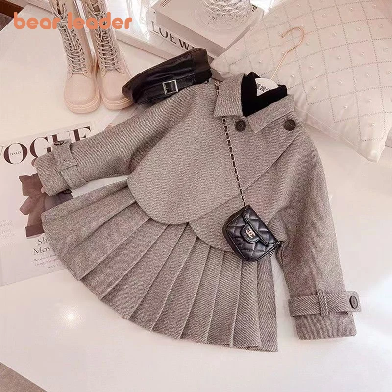 

Bear Leader 2024 Autumn New Girls' Set: Woolen Collar Thick Coat + Grey Pleated Skirt 2PC Set British Style Children's Clothing