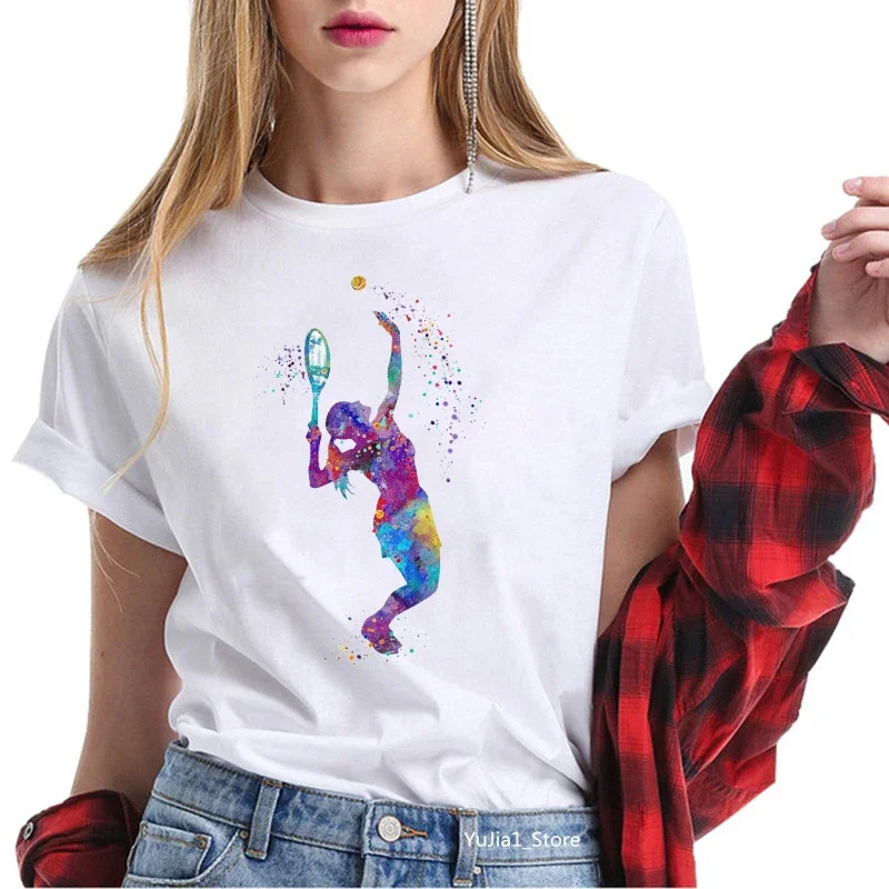 

Watercolor Tennis Girl Print T-Shirt Women’S Summer Clothing 2024 Harajuku Kawaii Top White T Shirt Custom Tshirt Drop Shipping