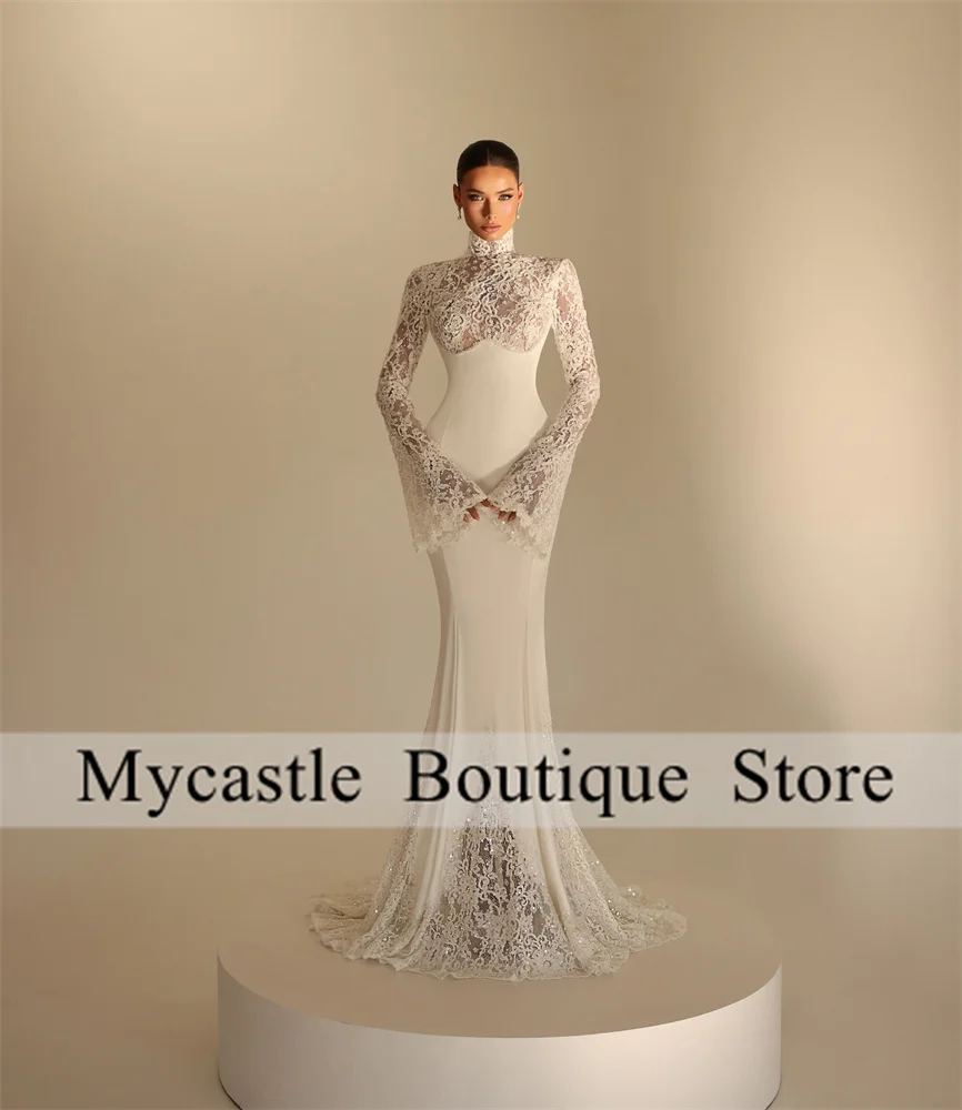 Vintage White Lace Long Sleeves Wedding Dresses 2025 Applique Mermaid High Neck Dubai Bride Dress Lace up Customized