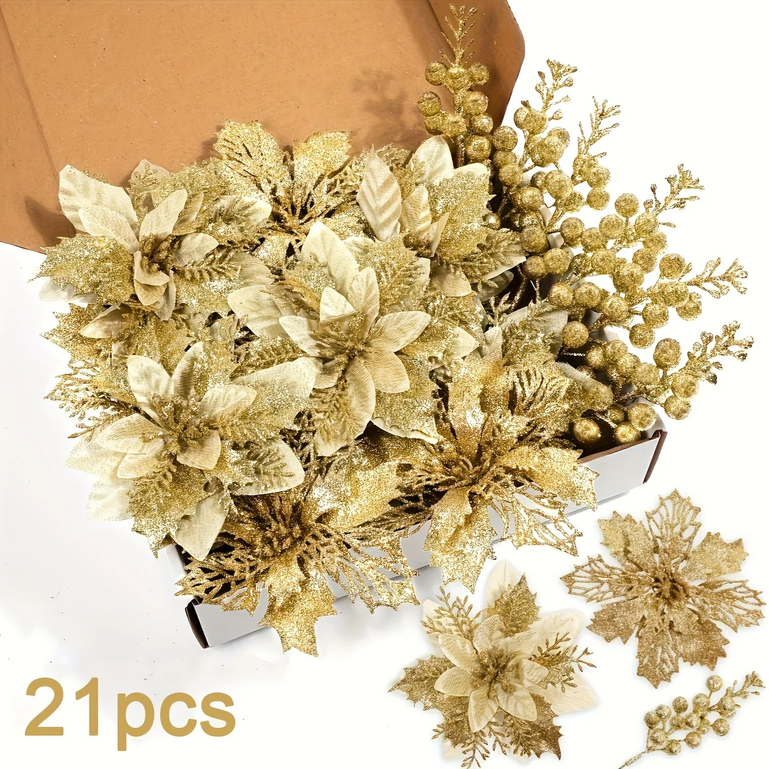 21 Stück künstliche Blumen, Beerenstrauß, Weihnachtsdekoration, Vase für Zuhause, Raumdekoration, künstliche Blumen, Girlande, Ornament-Zubehör – Detail 3