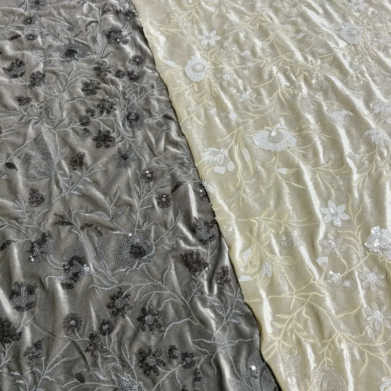 

Элитная вышитая бархатная ткань с пайетками для вечерних платьев, женская одежда, изысканная бархатная ткань с бисером