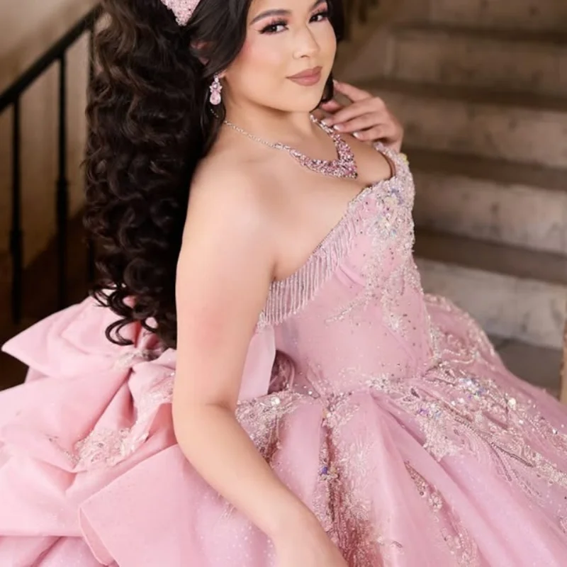 

Customized Pink Quinceanera Dresses Off the Shoulder sequin crystal applique beads Lace Long tail Bow Vestido 15 Quinceanera