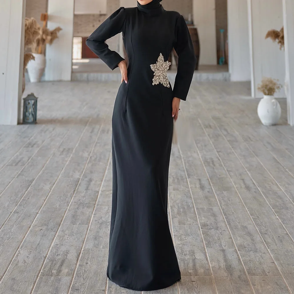 

Customized A-Line Prom Dresses Floor-Length High-Neck Full Sleeve Evening Gown Fashion Crystal Flowers Simple Draped Party Gown