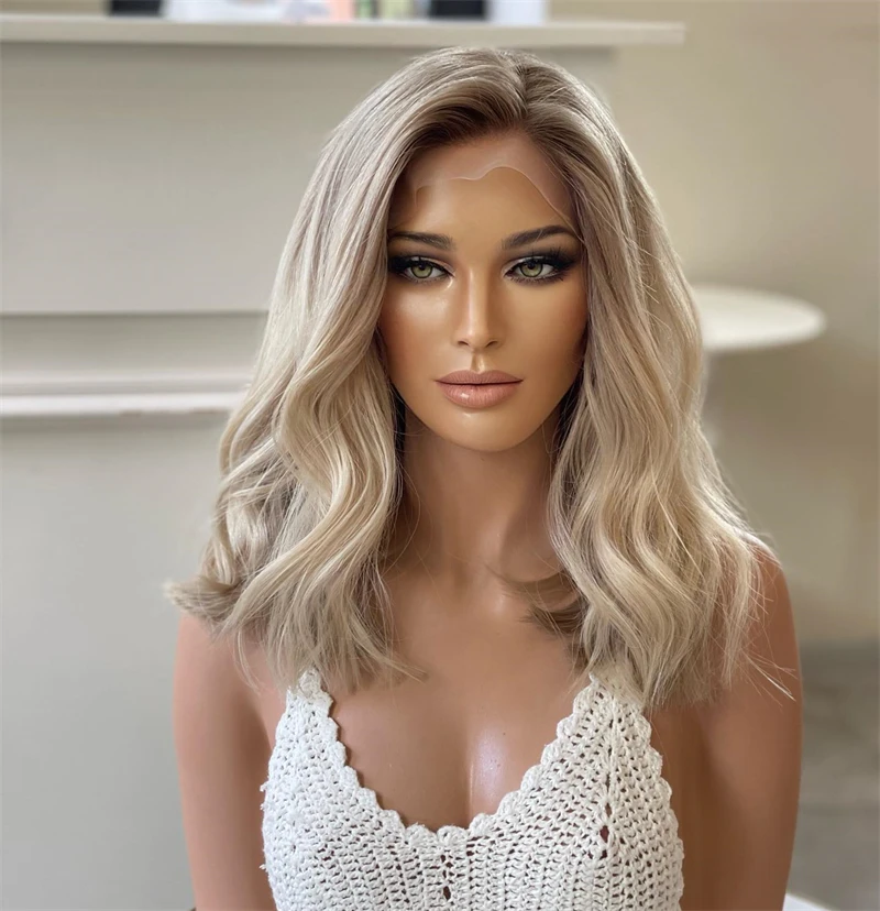 Ash Blonde Shoulder Length Lace Front Wigs for Woman Ombre shaded honey blond wig Synthetic Cosplay High Heat Fibre Lace Wigs