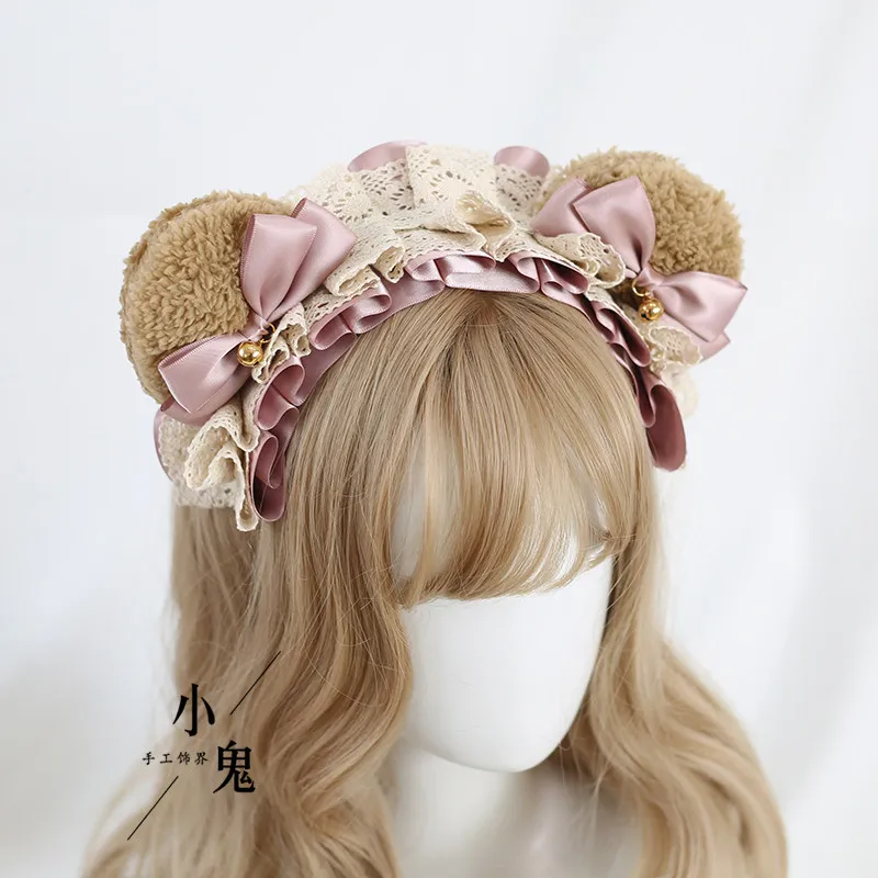 Lolita Bear Ears Headband Bow Knot Lace Hair Accessories, Kawaii Cute KC Hairband for Women Girls Harajuku Doll Style