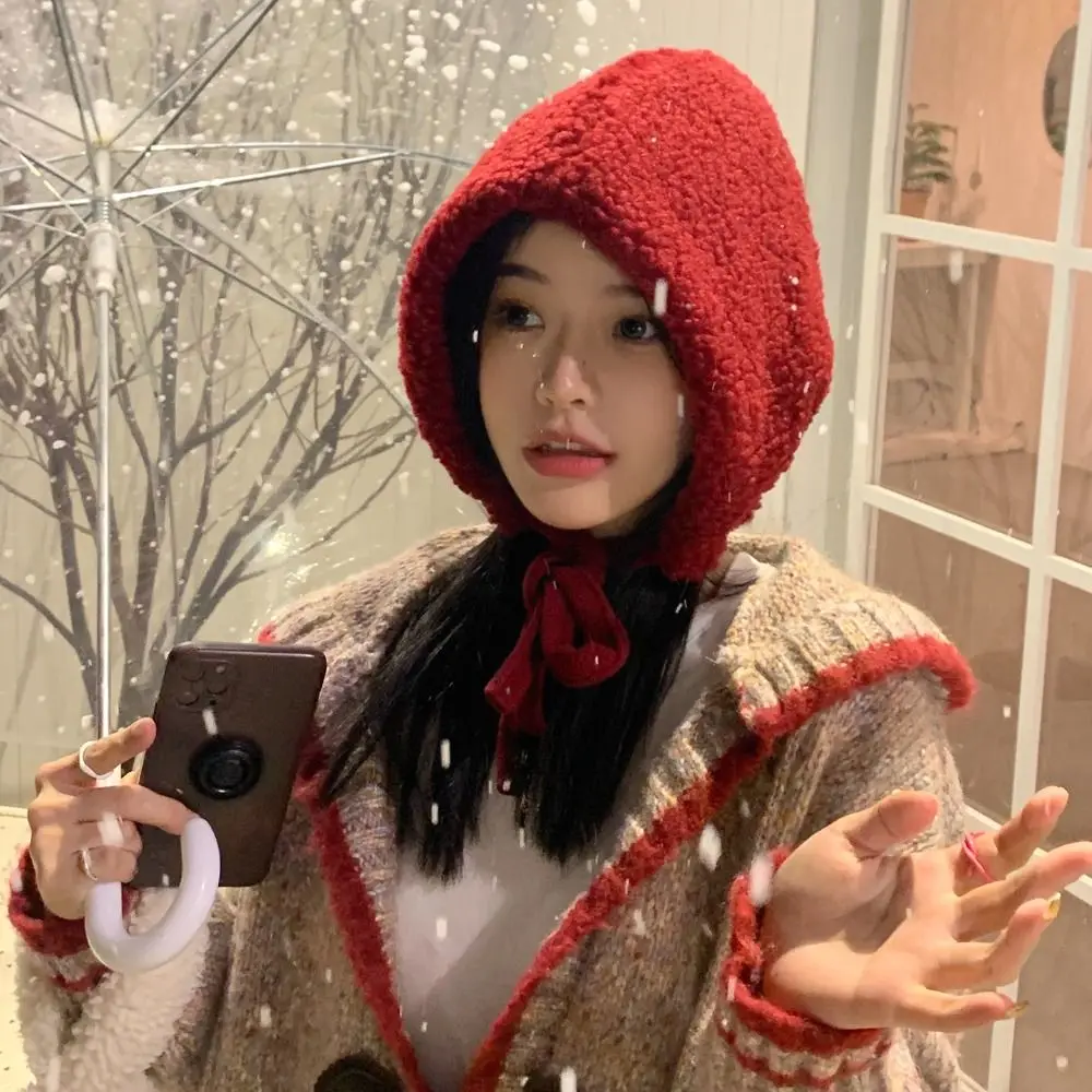 

Korean Style Balaclava Skullies Caps Soft Ear Protection Coldproof Hooded Caps Windproof Lambswool Knitted Beanies Hats Women