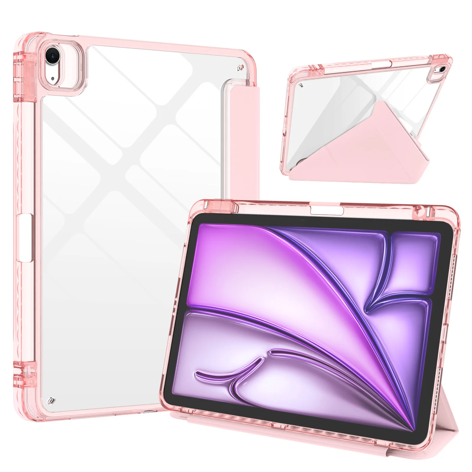For iPad Air 13 (2026)  /  (2025)  /  (2024) Tablet Case Origami Stand Transparent Leather + TPU + Clear Acrylic Back Cover - Li