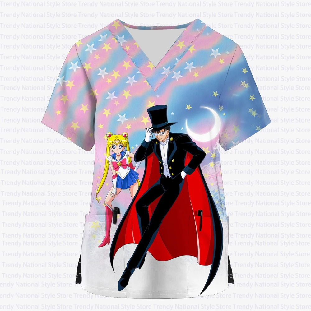 

2025 Summer New Women's Nursing Clothes Scrub Tops Sailor Moon Print V Neck Pocket Short Sleeve T-Shirt Dental Pet Shop Work Clo