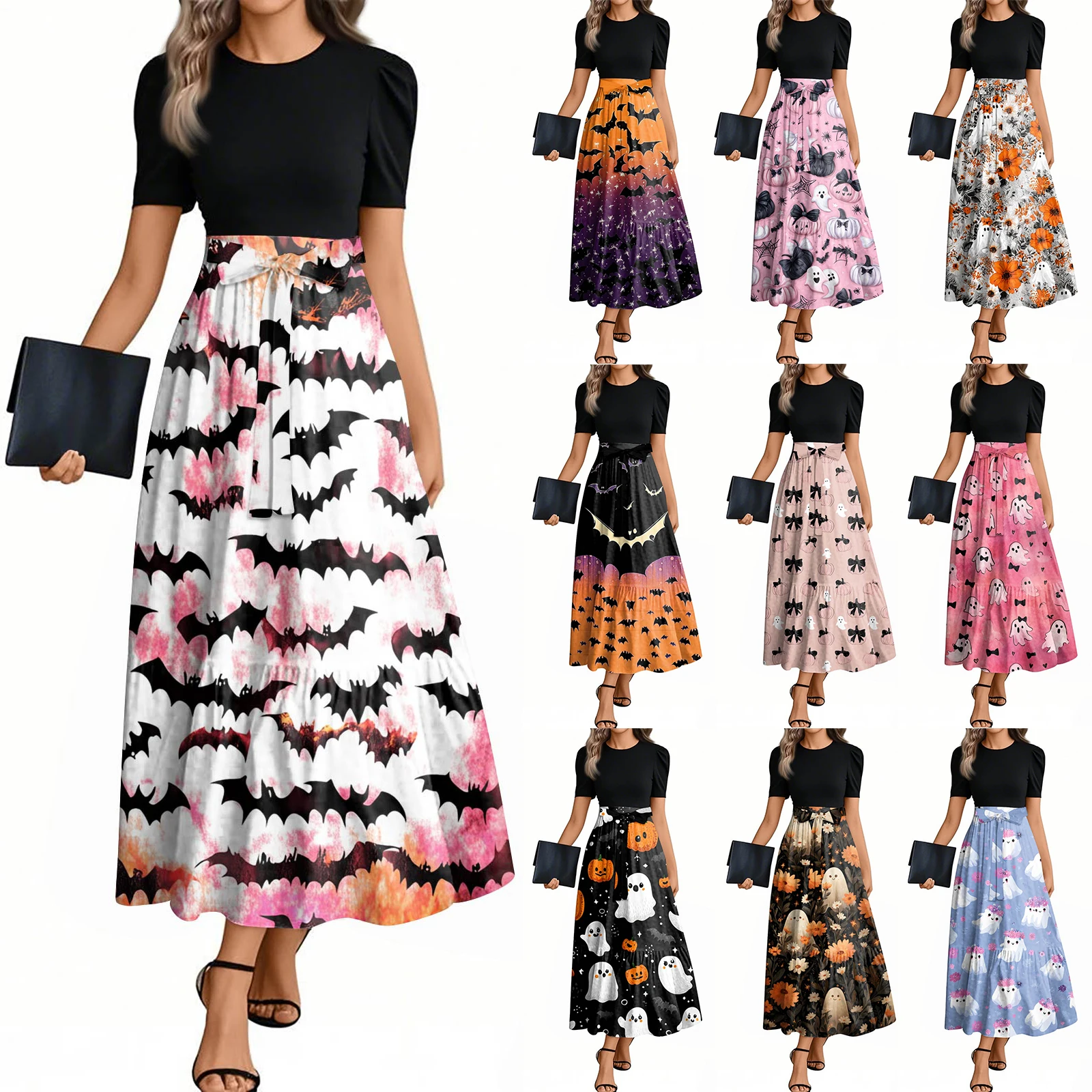 ハロウィンパーティードレスレディースファッションカジュアルベルト付き半袖ラウンドネックハロウィンプリントエレガントドレスカジュアルドレス