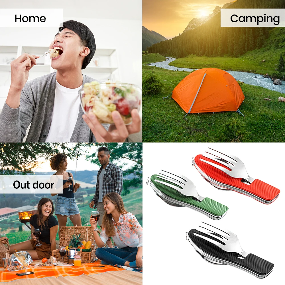 4 in 1 Foldable Tableware Stainless Steel Knife Spoon Fork Outdoor Hiking Camping Dinnerware Portable Travel Picnic Cutlery