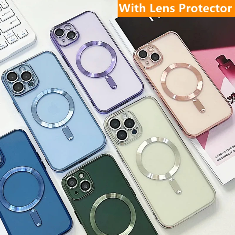 Luxury Plating For Magsafe Case For iPhone 15 14 11 13 12 Pro Max Wireless Charge Magnetic Soft Cover With Camera Lens Protector