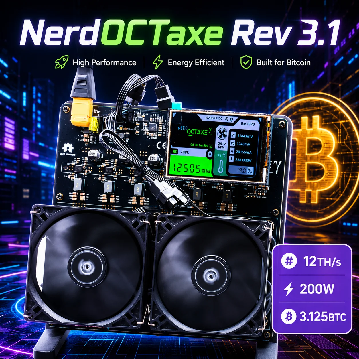 Minerador de Bitcoin NerdOCTAxe Rev3.1 12TH/s 200W com Display de 3.5 Polegadas, Chip ASIC BM1370 SHA-256, Minerador Solo BTC de Código Aberto para Uso Doméstico