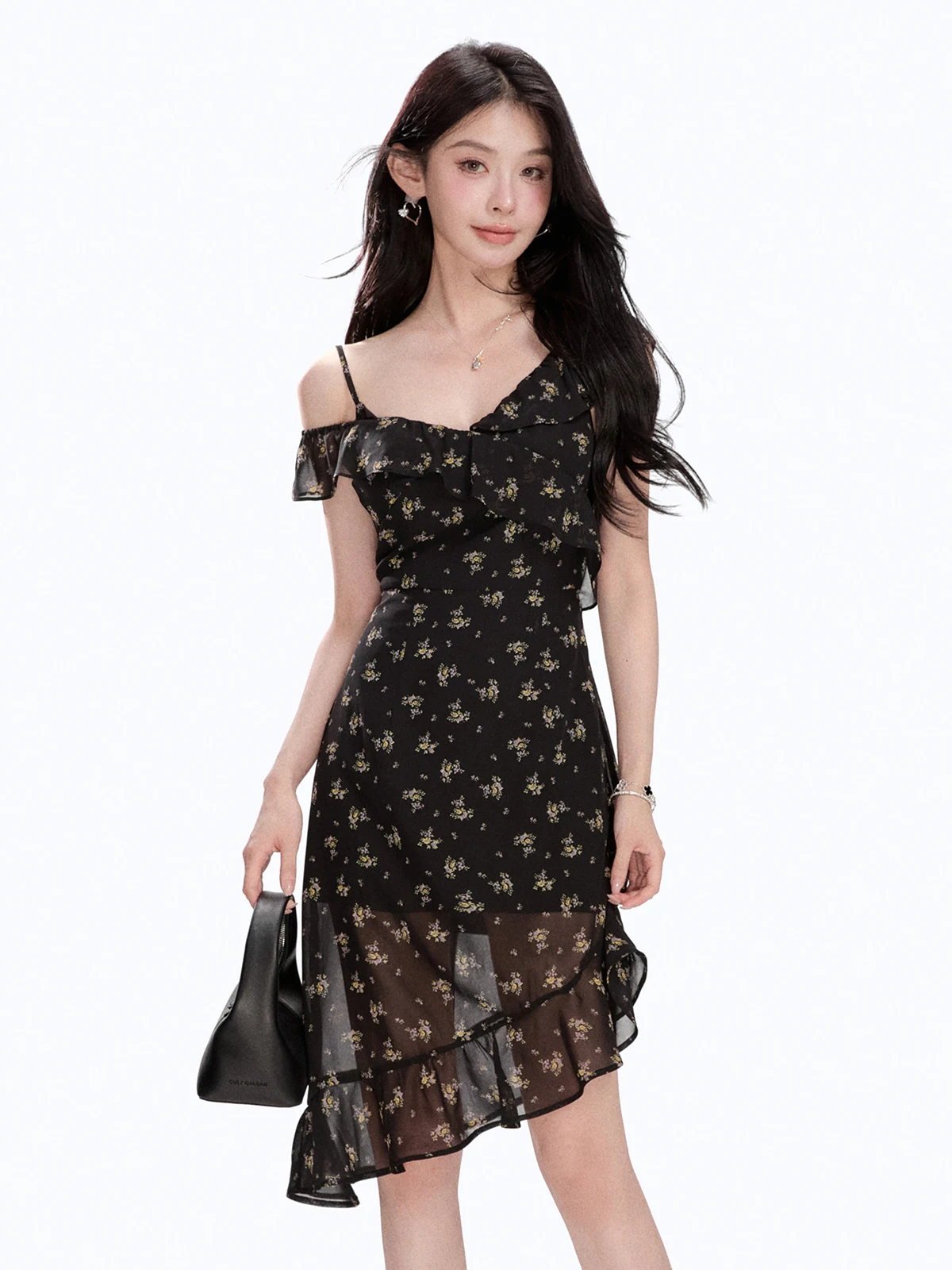 

Ele Floral Print Asymmetrical Off-oulder Waist-Cinched Dr Women's Summer New Sle One-Piece Gown Polyester Fiber