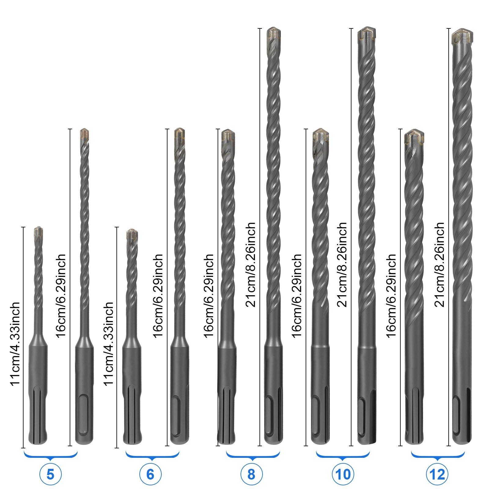 10Pcs SDS Plus Hammer Impact Drill Bit Set 5mm to 12mm Carbide Rotary Hammer Drill Bits Easy to Use for Stone Concrete Granite