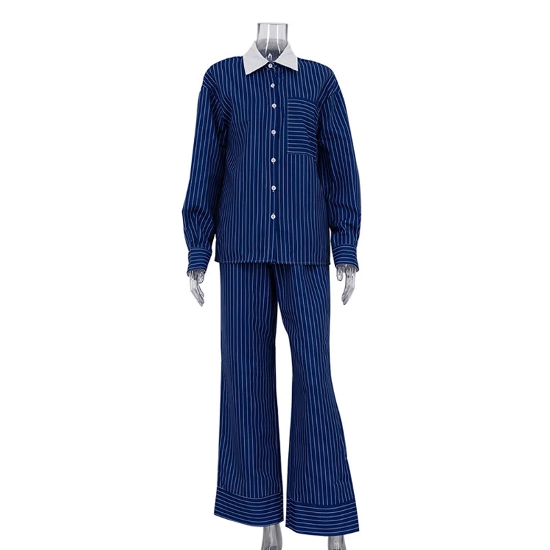 Casual Stripe Print Blue 2 Piece Sets Women Outfit Elegant Long Sleeve Pockets Blouses And High Waist Straight Trousers Sets