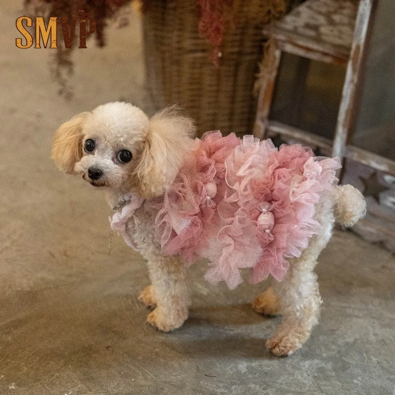 Elegant Puppy Suspender Tutu Dress Gradient Pink Lace Mesh Dress Pearl Embellished Pet Costume for Small Dog Birthday Wedding