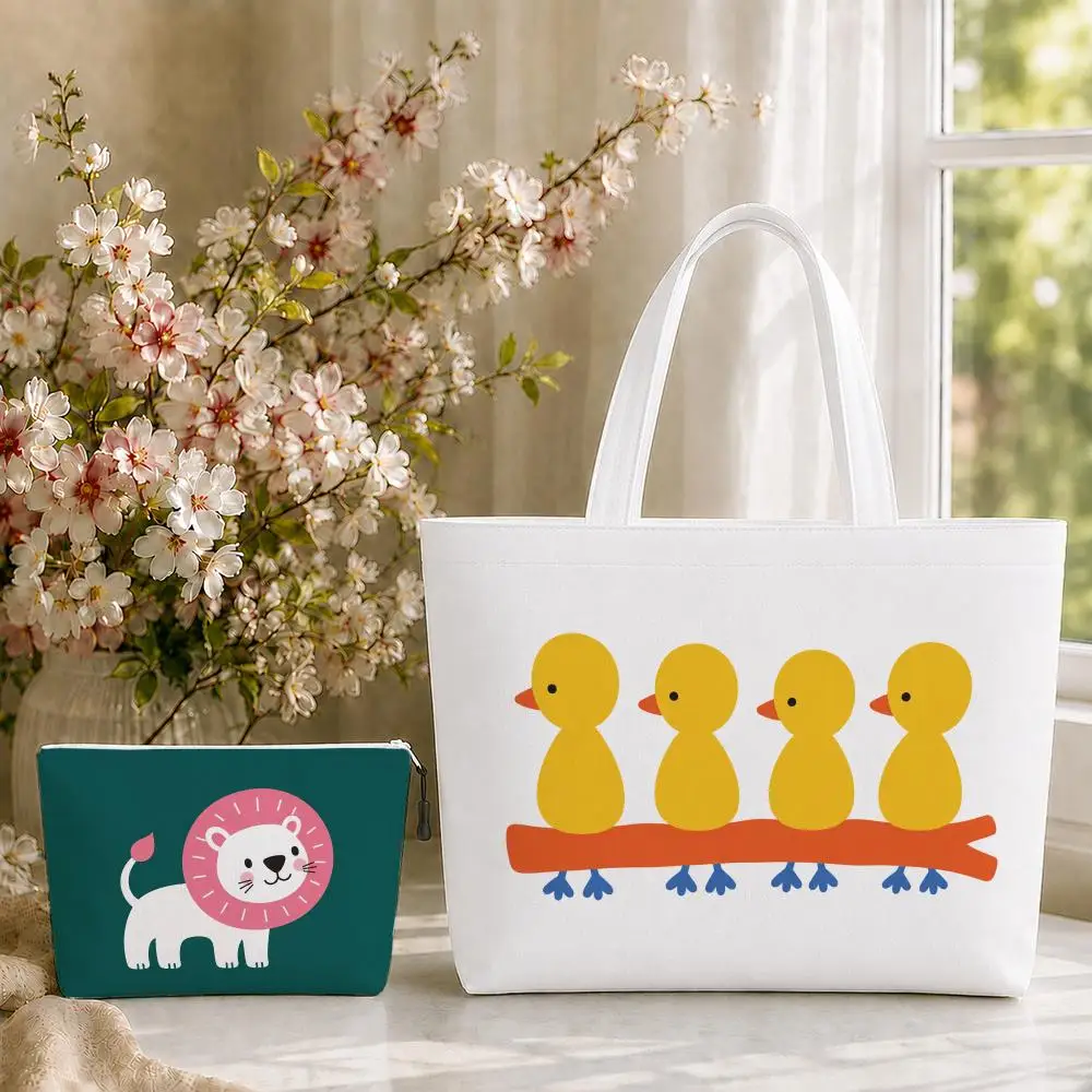 Dopamine Cute Animals Storage Bags 2-Piece Set Double-Sided Print with Zipper Canvas Shopping Tote Bag Work Travel Set