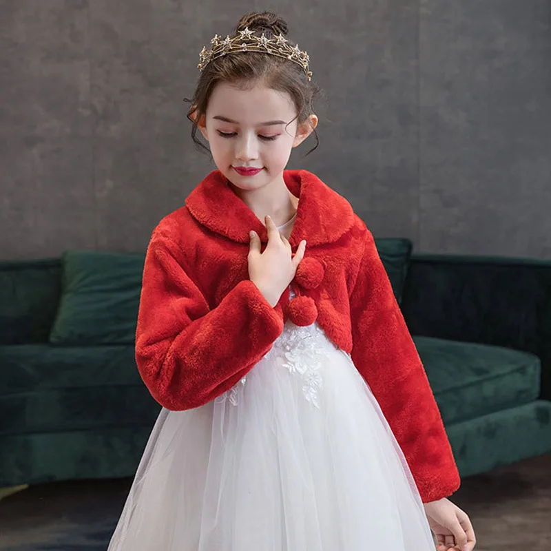 Kids Girls Princess Thicken Plush Jacket Crop Wraps Shawl Flower Girls Long Sleeves Bolero Warm Cape Wedding Birthday Party Coat