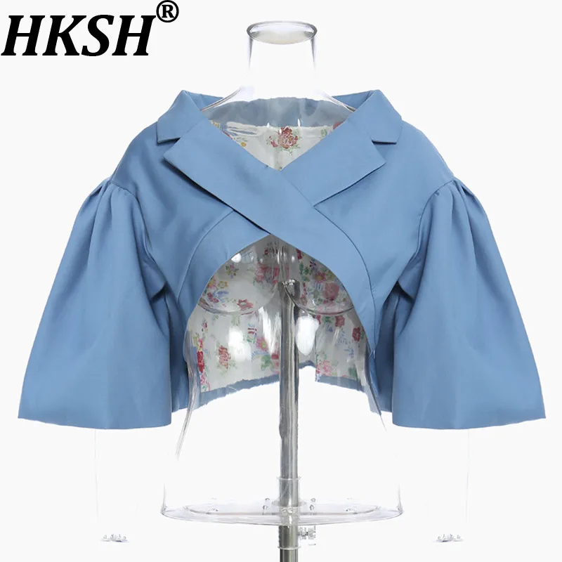 

HKSH Spring Autumn New Women's Short Jacket Notched Collar Puff Sleeve Fake Cape Back Split Niche Design Ins Trendy Coat HK14103