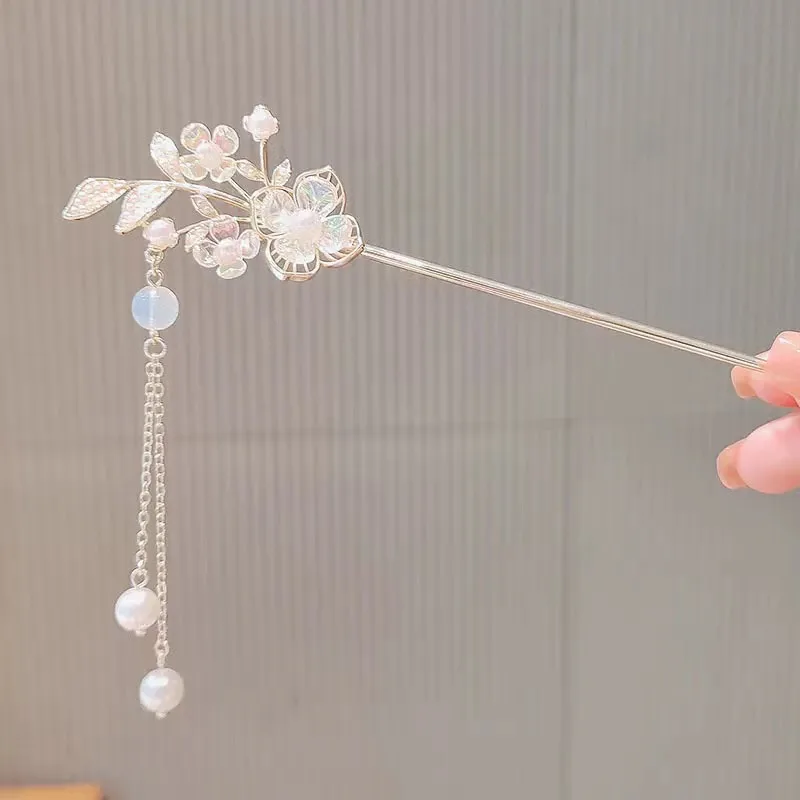 Fashion Metal Chinese Style Tassels Hair Stick Flower Rhinestone Hair Chopsticks Hairpin Wedding Party Headwear Headpiece