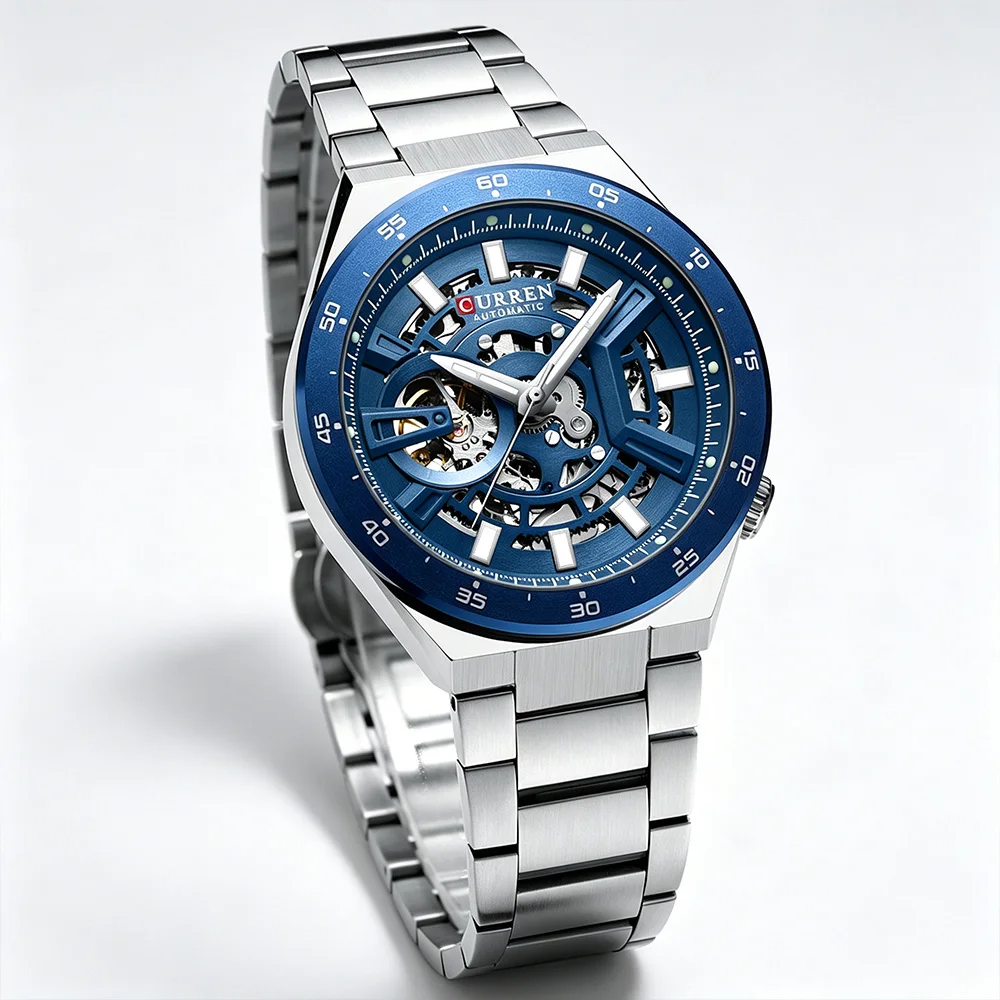 CURREN 8486 New Men Automatic Mechanical Watch Hollow Skeleton Dial with Metal strap Luminous Hands Business Relógio masculino