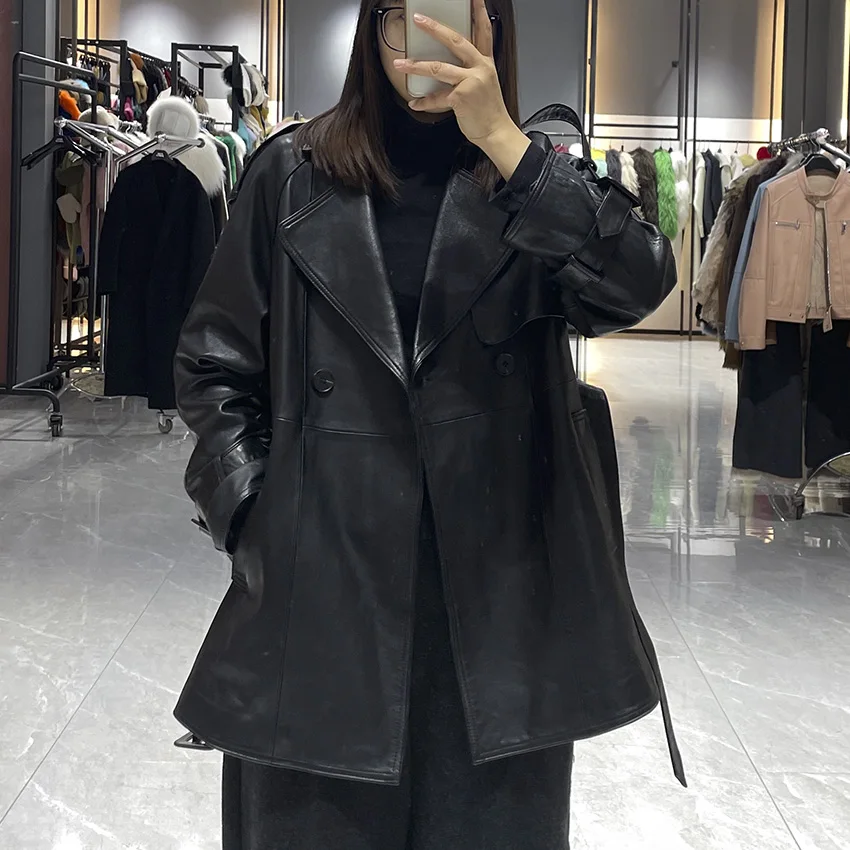 Femmes en cuir véritable manteau bureau dames en peau de mouton coupe-vent taille haute rétro décontracté huile cire moyenne longue veste JFB6-25005