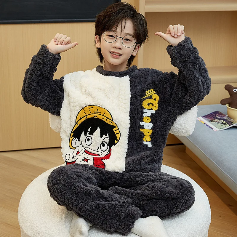 

ONE PIECE Luffy autumn and winter coral fleece pullover children's pajamas boys cartoon thickened fleece thermal loungewear