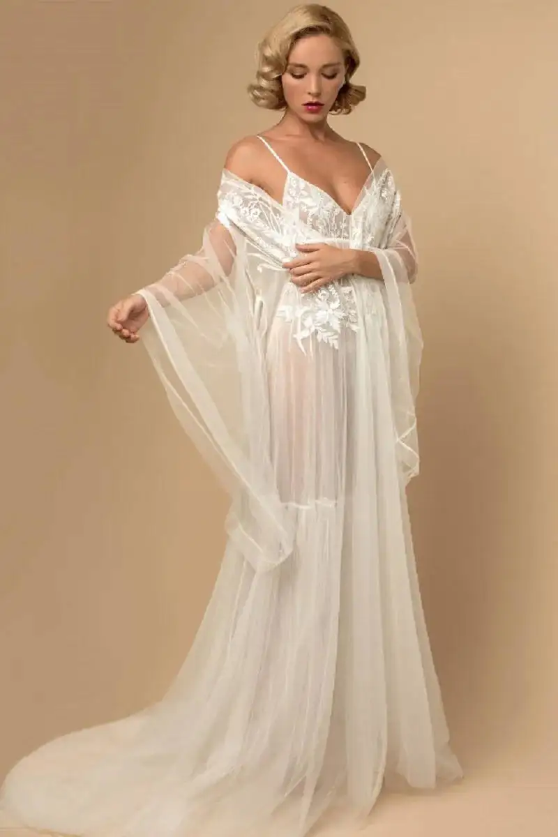 White Bridal Wrap Lace Robes Long Floor Length Sheer Women Dresses Photo shoot Maternity Dressing Gowns for Photography